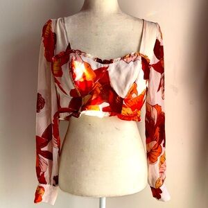Orange red &white floral crop top with ruffle trim